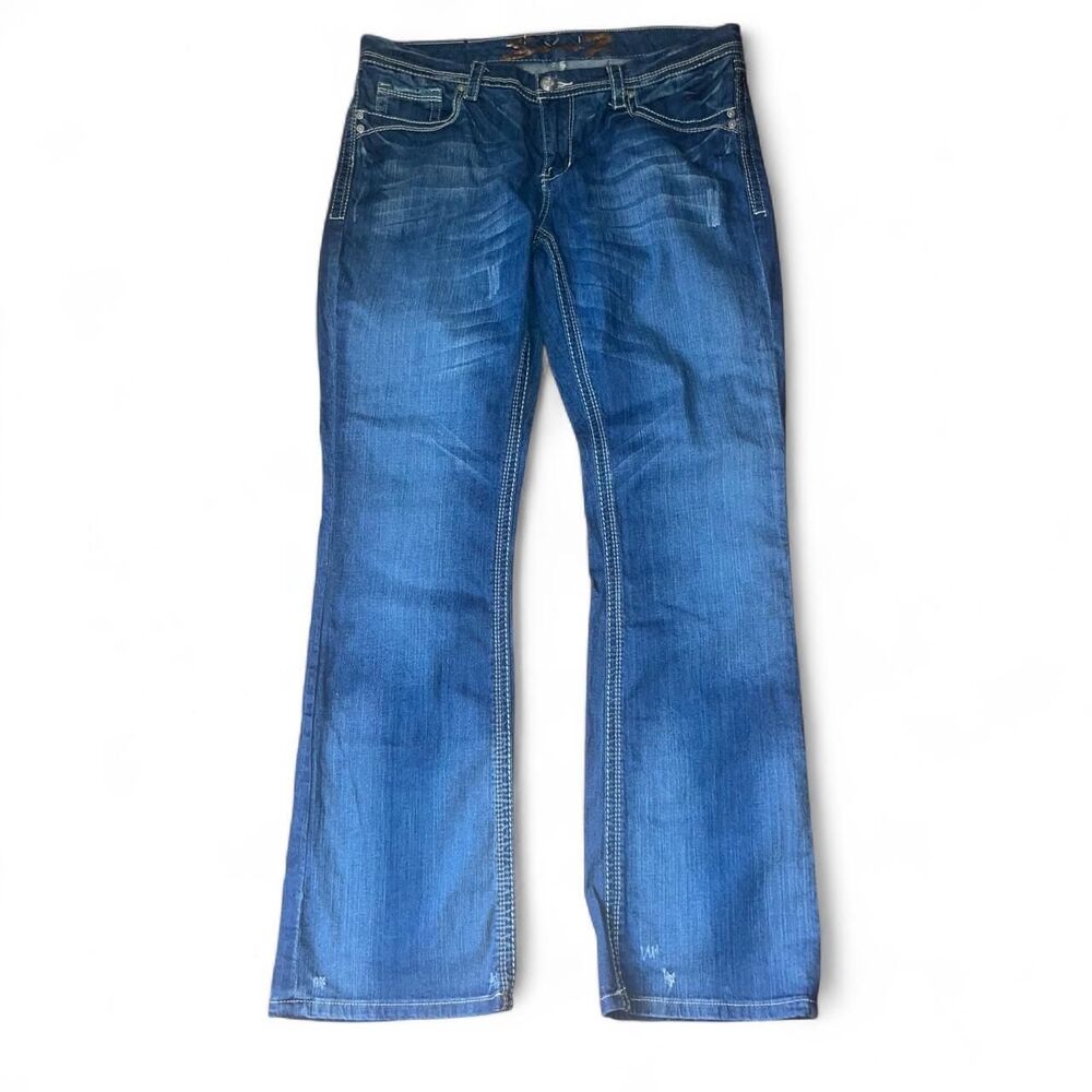 Seven7 Women's Low Rise Blue Jeans Contrast Stich Embroidered Pockets SZ 12